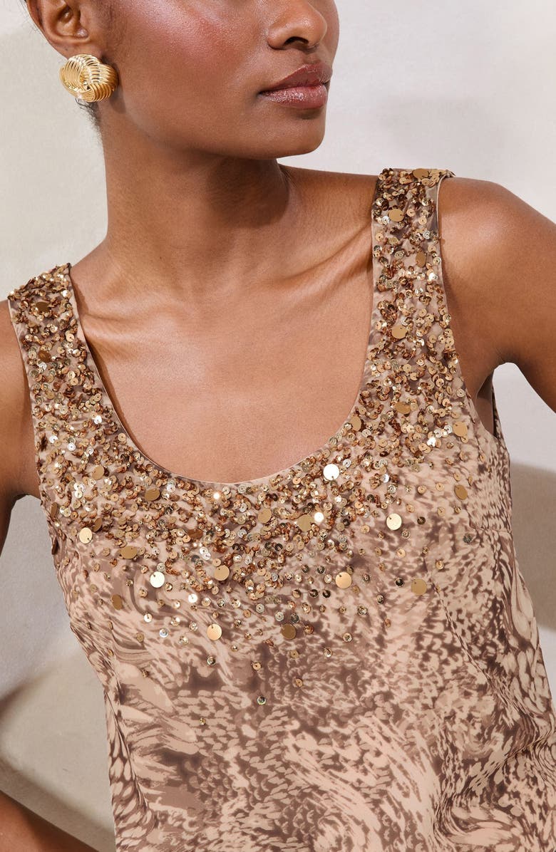 Lipsy Sequin Animal Print Top, Alternate, color, Brown