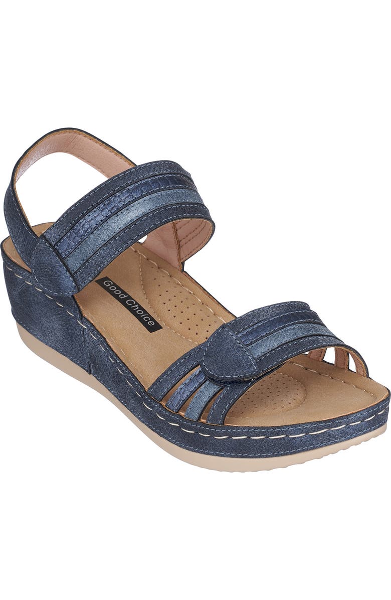 GOOD CHOICE NEW YORK Samar Snakeskin Embossed Hook & Loop Wedge Sandal, Main, color, Blue