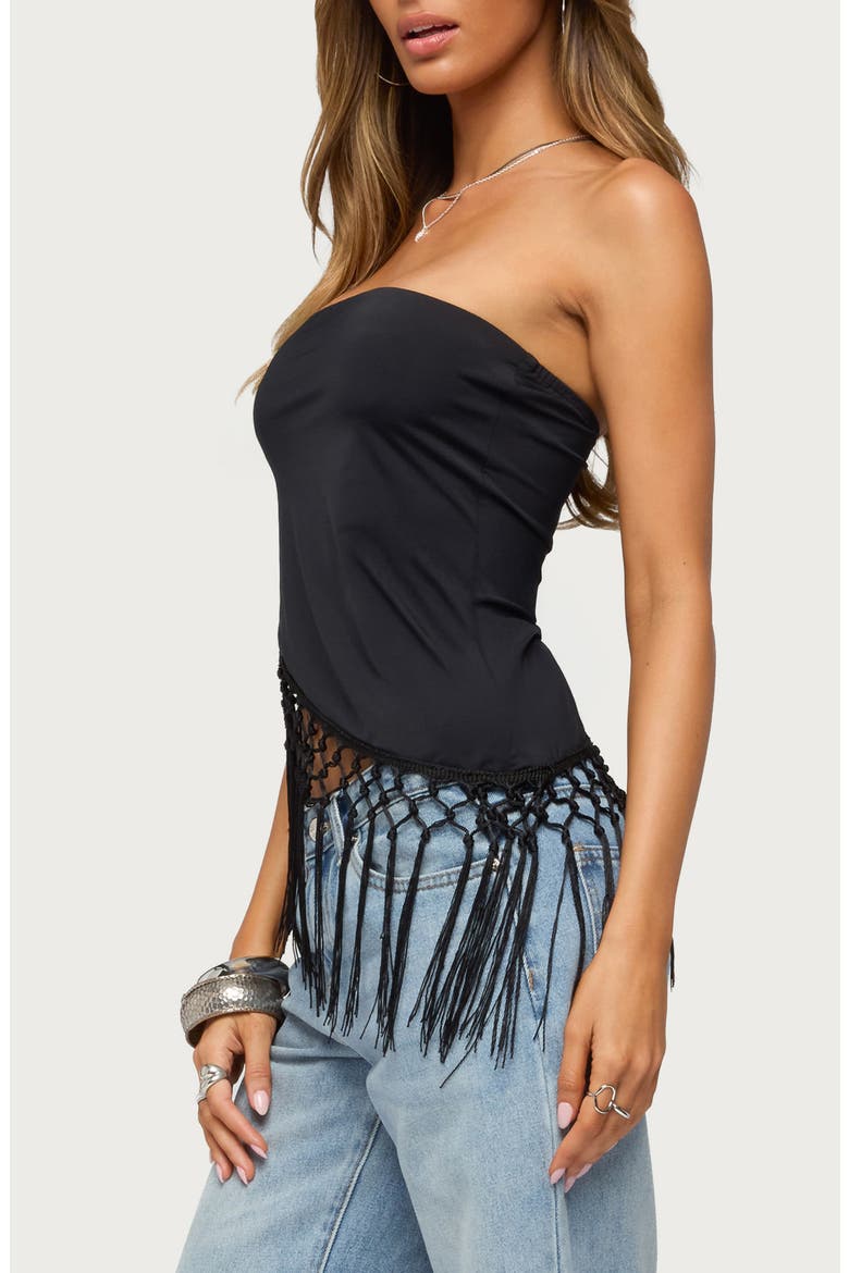 Sarika Asymmetric Fringe Strapless Top, Alternate, color, BLACK