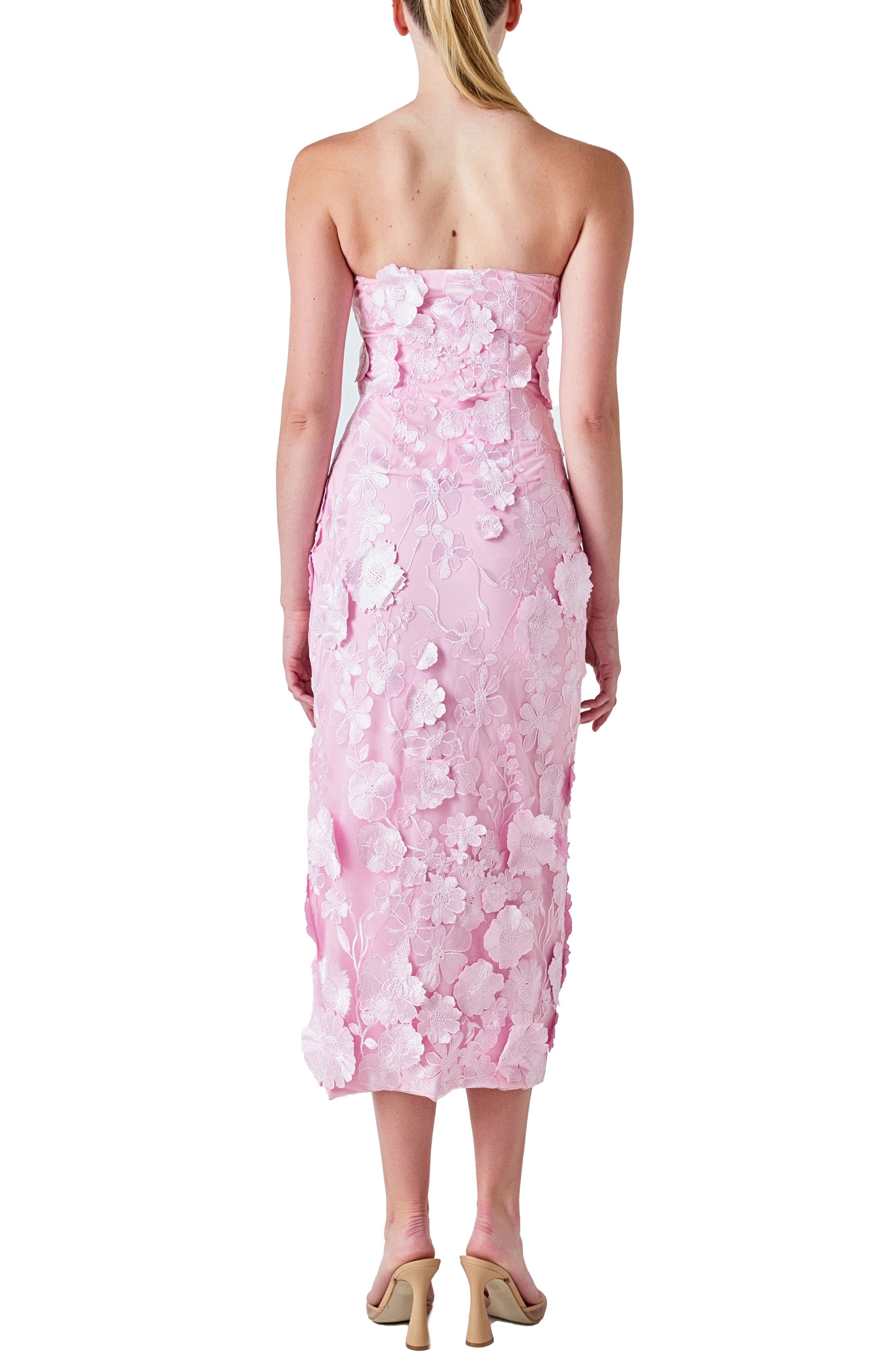 endless rose strapless textured column midi dress pink Endless Rose Strapless Textured Column Midi Dress