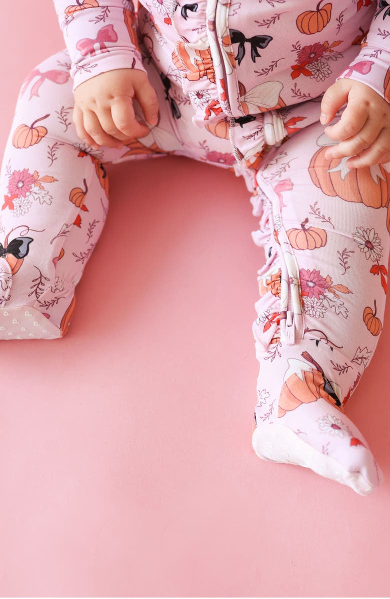 Posh Peanut Pumpkin Print Ruffle Zip Footie, Alternate, color, 