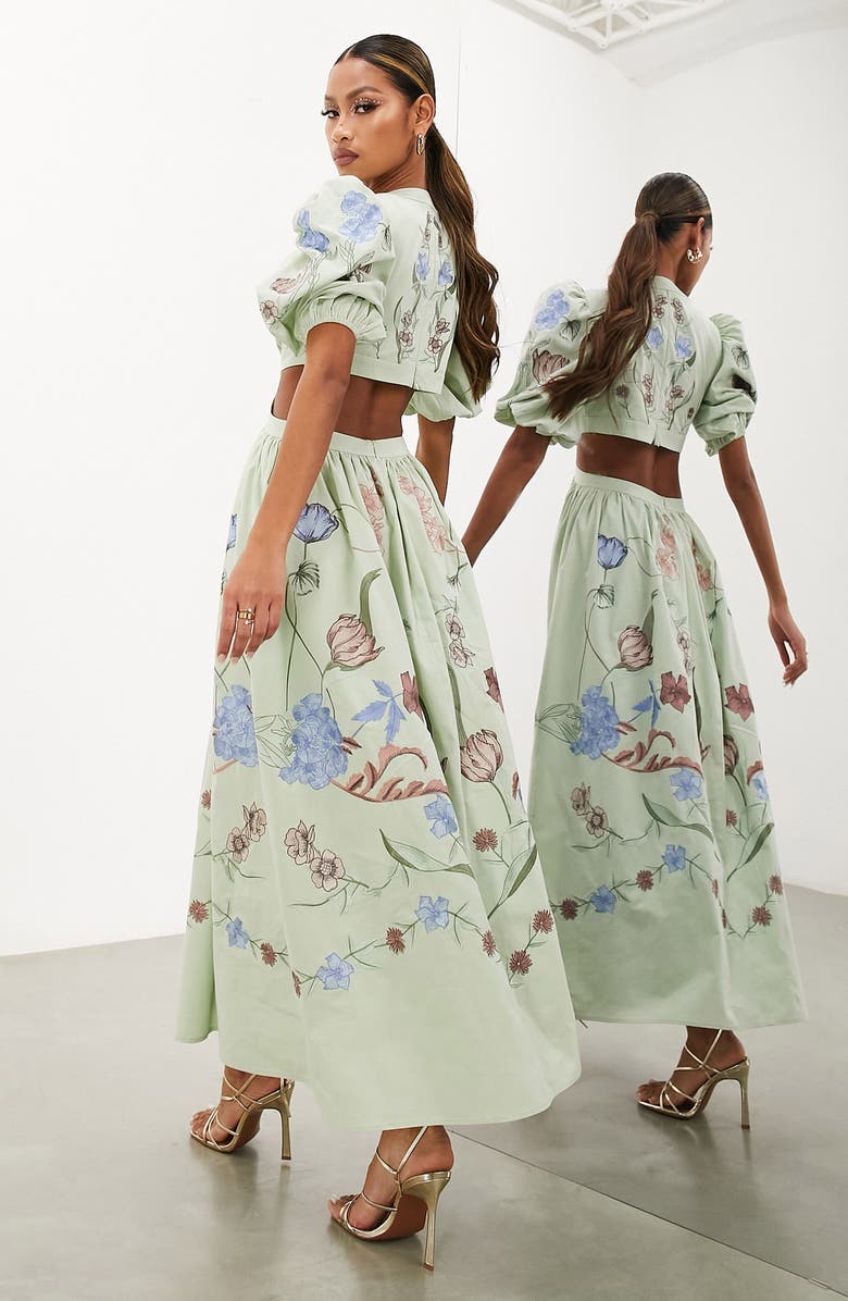 ASOS DESIGN Floral Embroidered Cutout Puff Sleeve Maxi Dress, Alternate, color, 