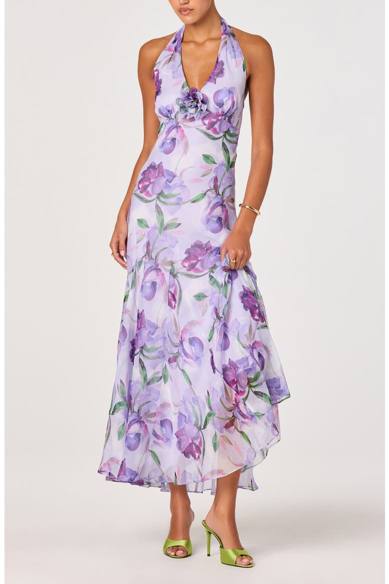 Yasmen Floral Plunge Halter Neck Maxi Dress, Main, color, PURPLE FLORAL
