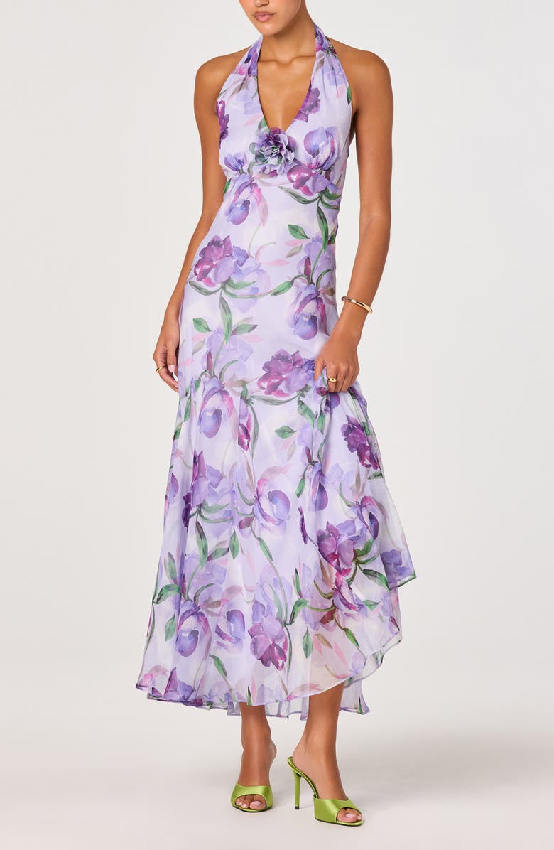 ASTR the Label Yasmen Floral Plunge Halter Neck Maxi Dress, Main, color, Purple Floral