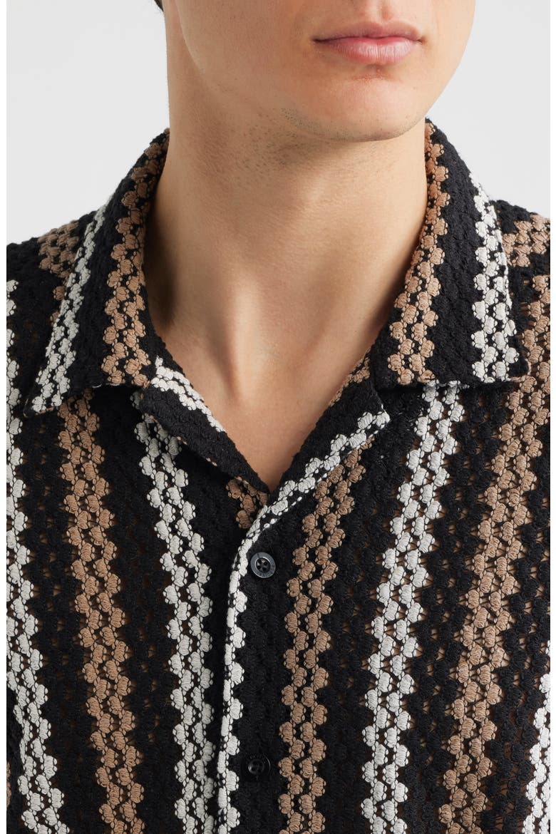 Wade Openwork Stripe Camp Shirt, Alternate, color, BLACK
