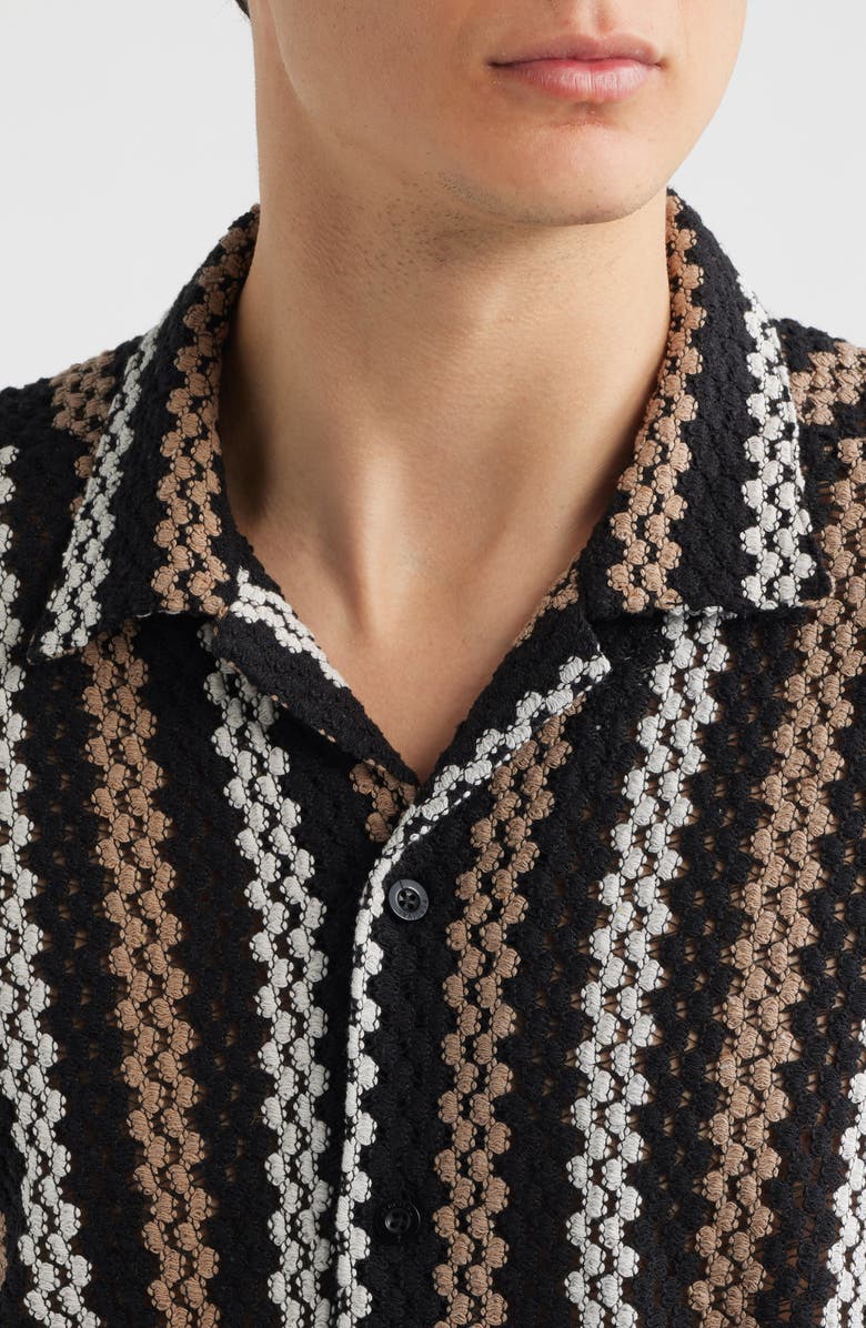 Percival Wade Openwork Stripe Camp Shirt, Alternate, color, Black
