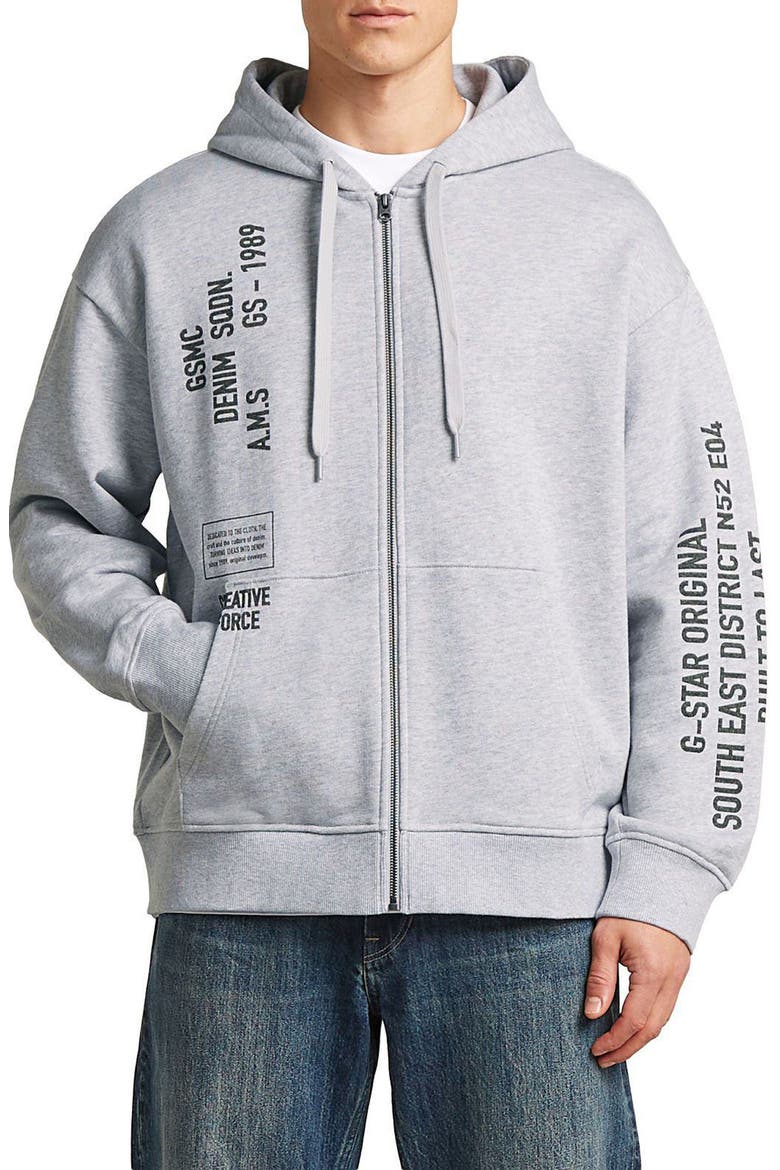 Stencil Graphic Relaxed Full Zip Hoodie, Main, color, LIGHT GREY HTR
