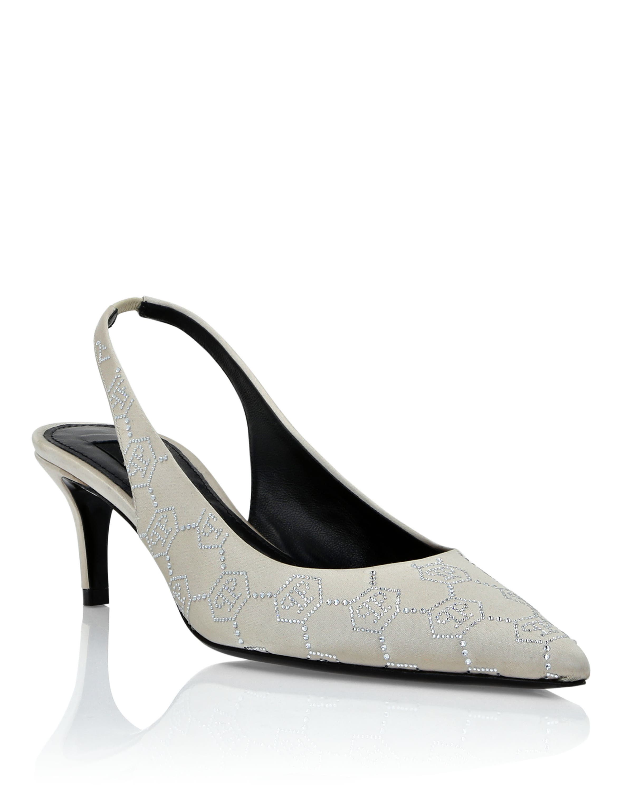 Satin Slingback Shoes Low Heels Monogram Strass Women, Main, color, beige
