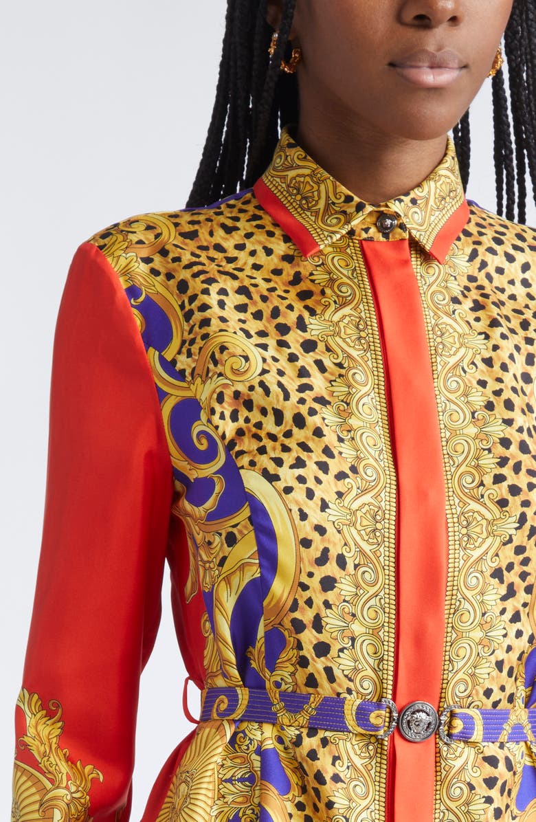 Versace Cheetah Barocco Print Belted Long Sleeve Silk Dress, Alternate, color, Scarle Ultramarine
