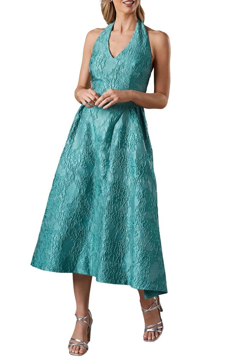 Halter Jacquard Drop Waist Dress, Alternate, color, Teal