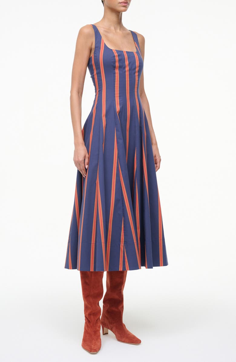 STAUD Wells Stripe Stretch Cotton Fit & Flare Midi Dress, Alternate, color, Railroad Stripe