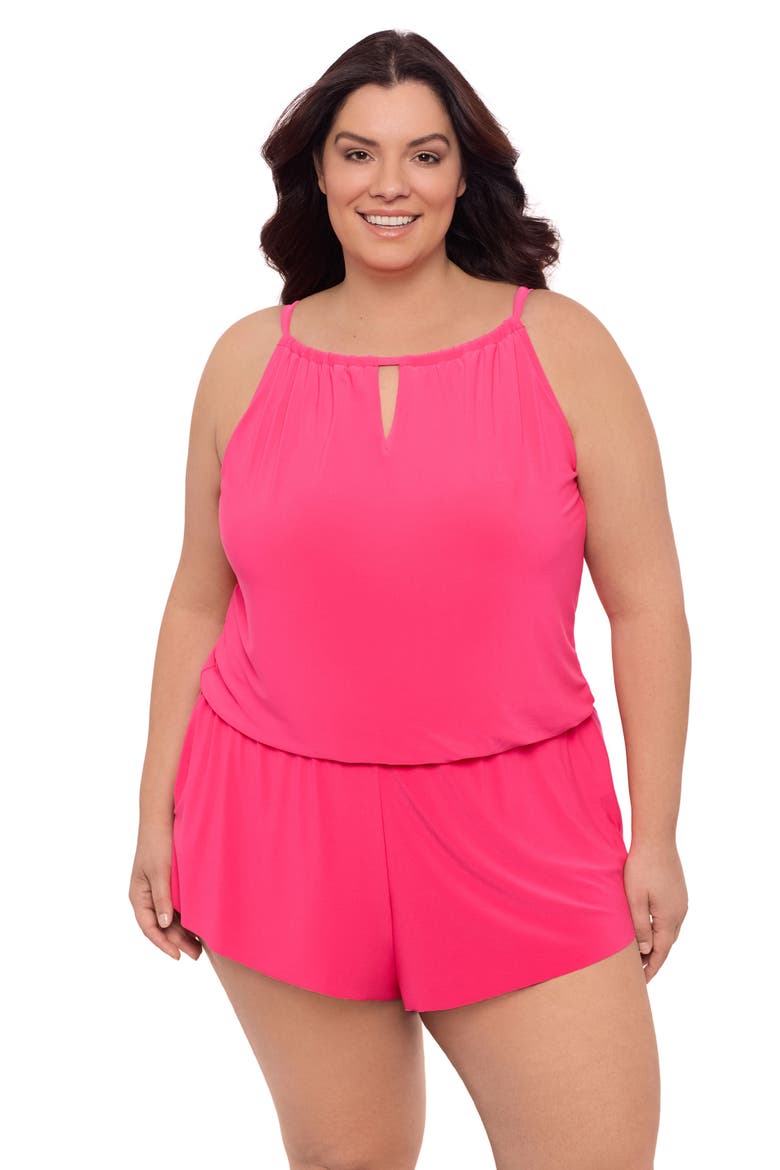 Plus Size Keyhole Blouson Slimming Swimsuit Romper with Pockets, Main, color, Rose Quartz