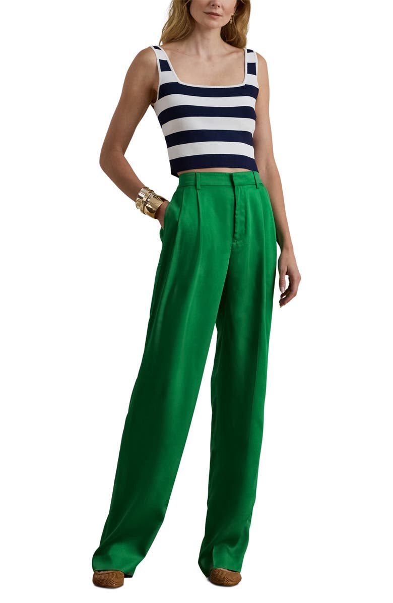 Lauren Ralph Lauren Luxe Twill Pleated Pants, Alternate, color, Stem Green