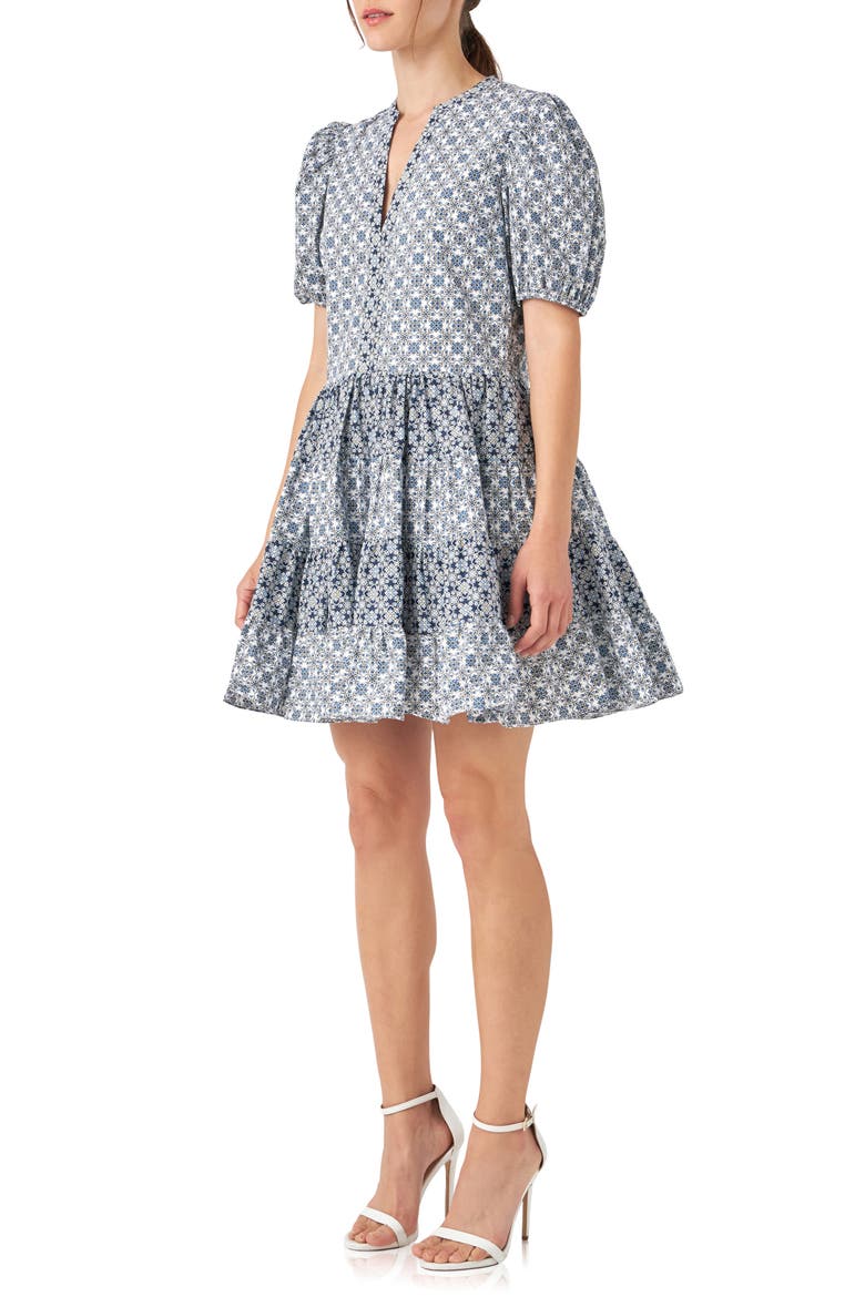 Tile Print Tiered Cotton Dress, Alternate, color, WHITE/ BLUE