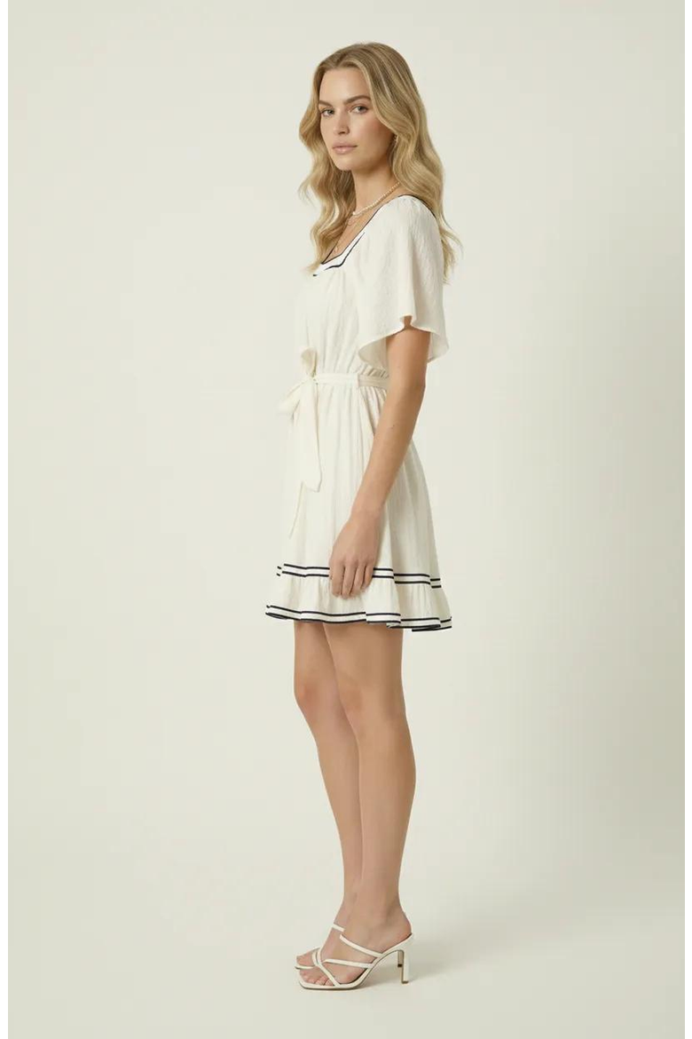 Square-Neck Contrast Trim Mini Dress, Alternate, color, Off-White / Navy