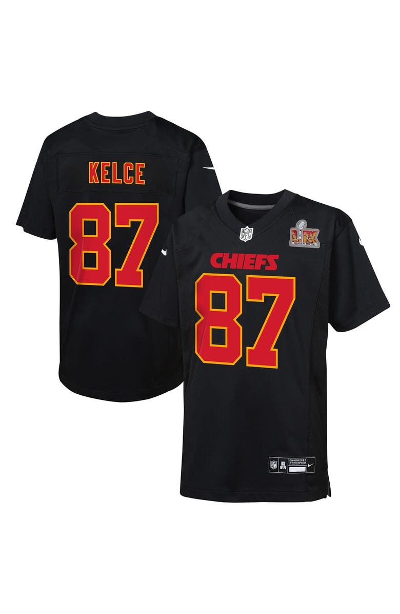Nike Youth  Nike Travis Kelce Carbon Black Kansas City Chiefs Super Bowl LIX Patch Fashion Game Jersey, Main, color, 