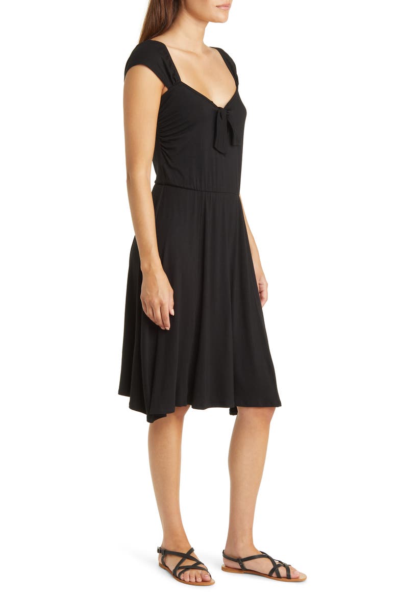 Tie Front Cap Sleeve A-Line Dress, Alternate, color, BLACK