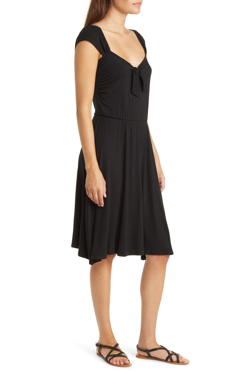 Loveappella Tie Front Cap Sleeve A-Line Dress, Alternate, color, Black