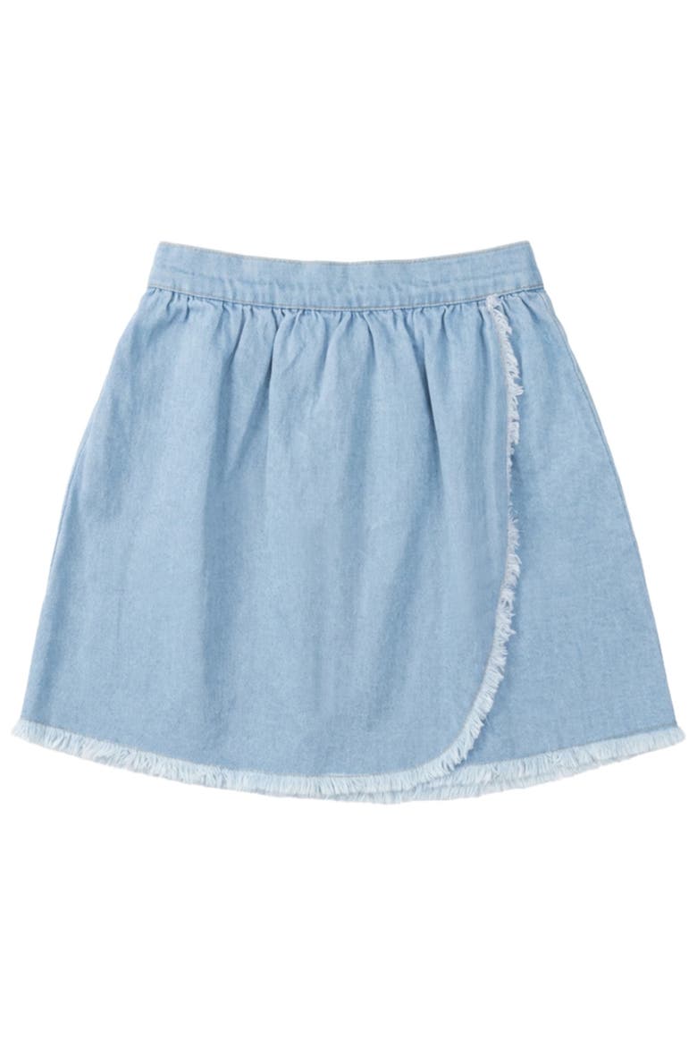 Woven Denim Fringe Hem Elastic Back Wrap Skirt, Main, color, Denim