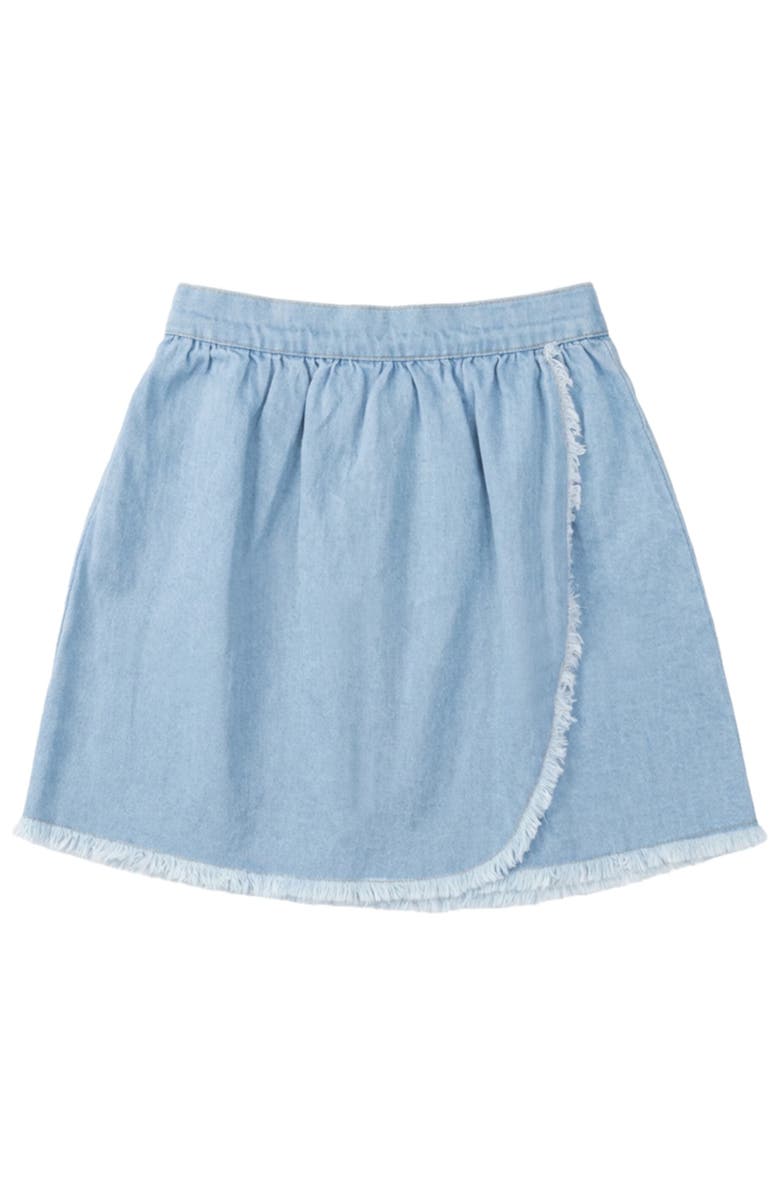 FYI Woven Denim Fringe Hem Elastic Back Wrap Skirt, Main, color, Denim