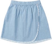 FYI Woven Denim Fringe Hem Elastic Back Wrap Skirt