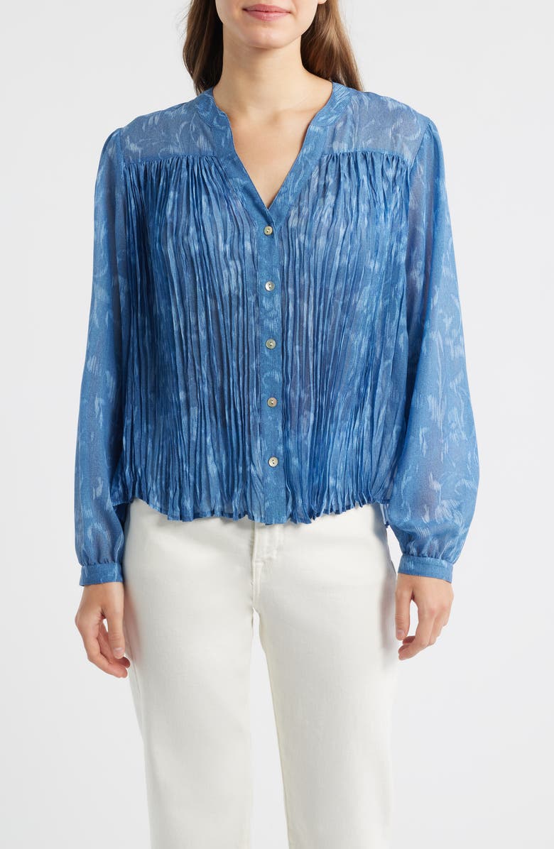 Cloth & Stone Pleated Denim Shirt, Main, color, Indigo Ikat Floral