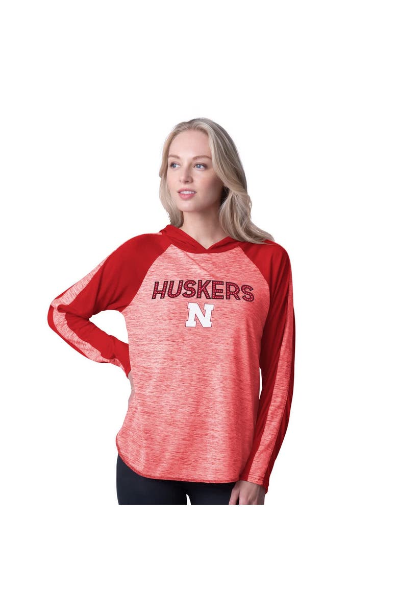 G-III 4HER BY CARL BANKS Women's G-III 4Her by Carl Banks Scarlet Nebraska Huskers Underdog Bling Raglan Long Sleeve Hoodie T-Shirt, Main, color,