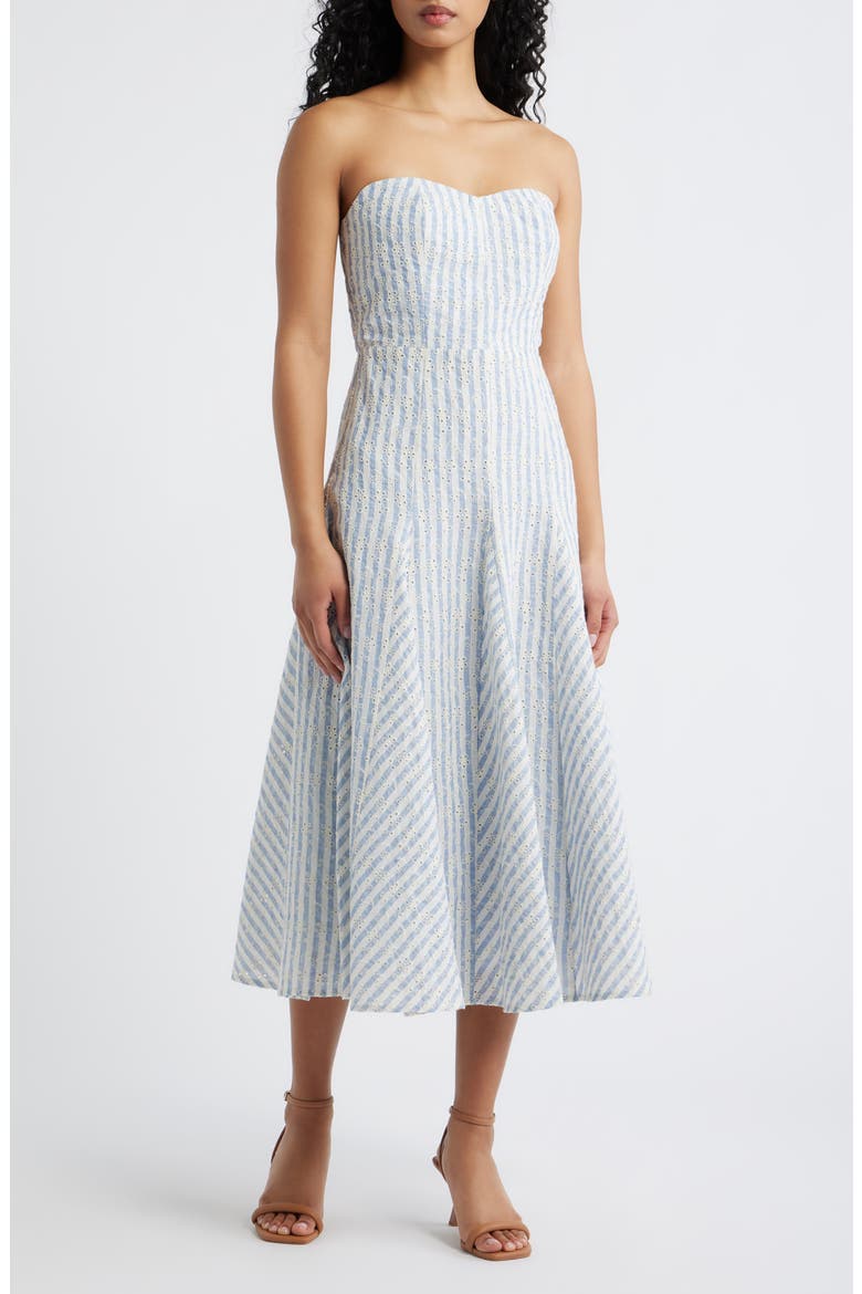 Karina Strapless Stripe Eyelet Midi Dress, Main, color, BLUE/ WHITE