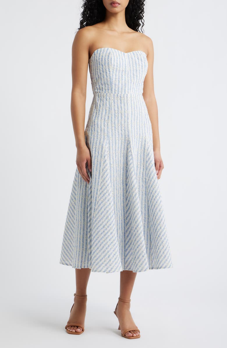Lulus Karina Strapless Stripe Eyelet Midi Dress, Main, color, Blue/ White