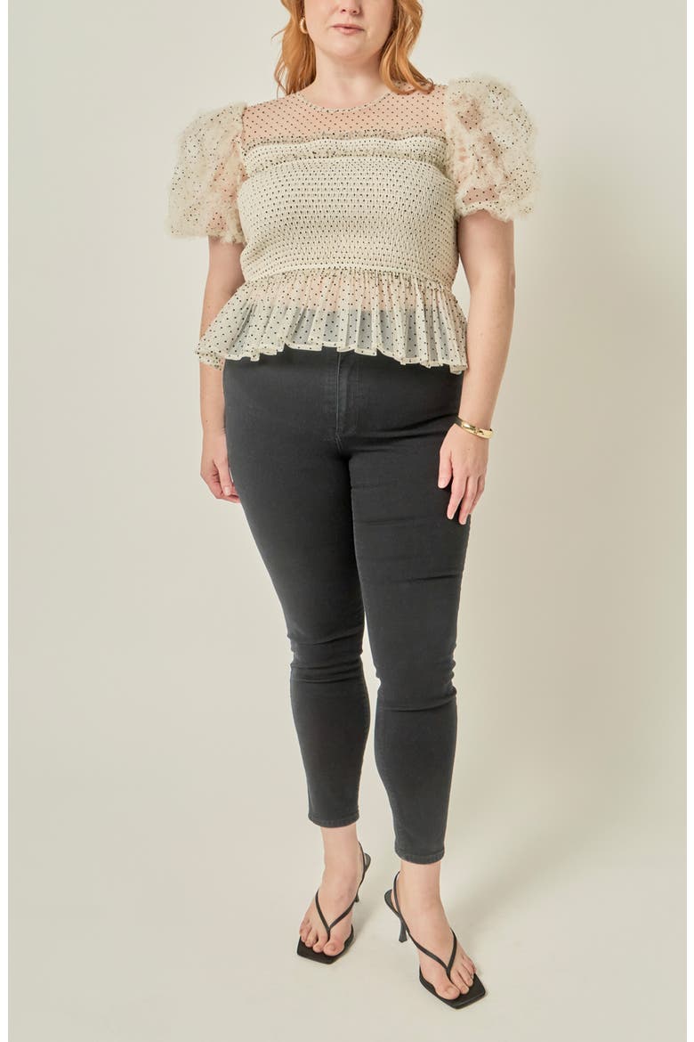 Polka Dot Smocked Puff Sleeve Top, Alternate, color, WHITE/ BLACK
