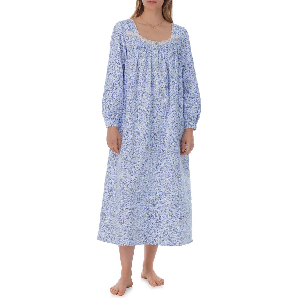 Eileen West Long Sleeve Cotton Flannel Ballet Nightgown in Wht Blue