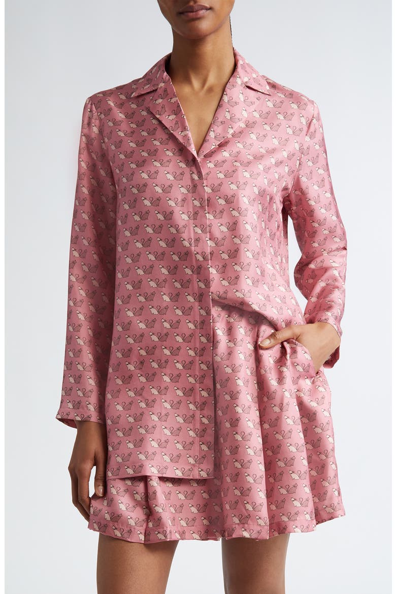 Alpe Kitty Print Silk Twill Button-Up Shirt, Main, color, PEONY
