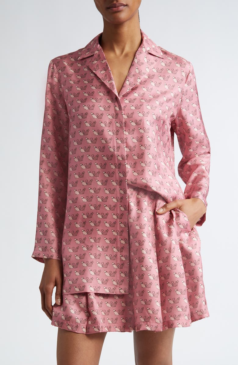 Max Mara Studio Alpe Kitty Print Silk Twill Button-Up Shirt, Main, color, 