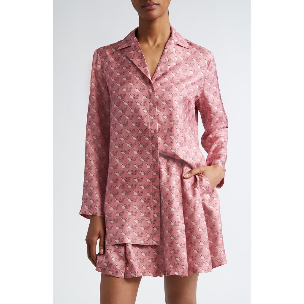 Max Mara Studio Alpe Kitty Print Silk Twill Button-Up Shirt in Peony