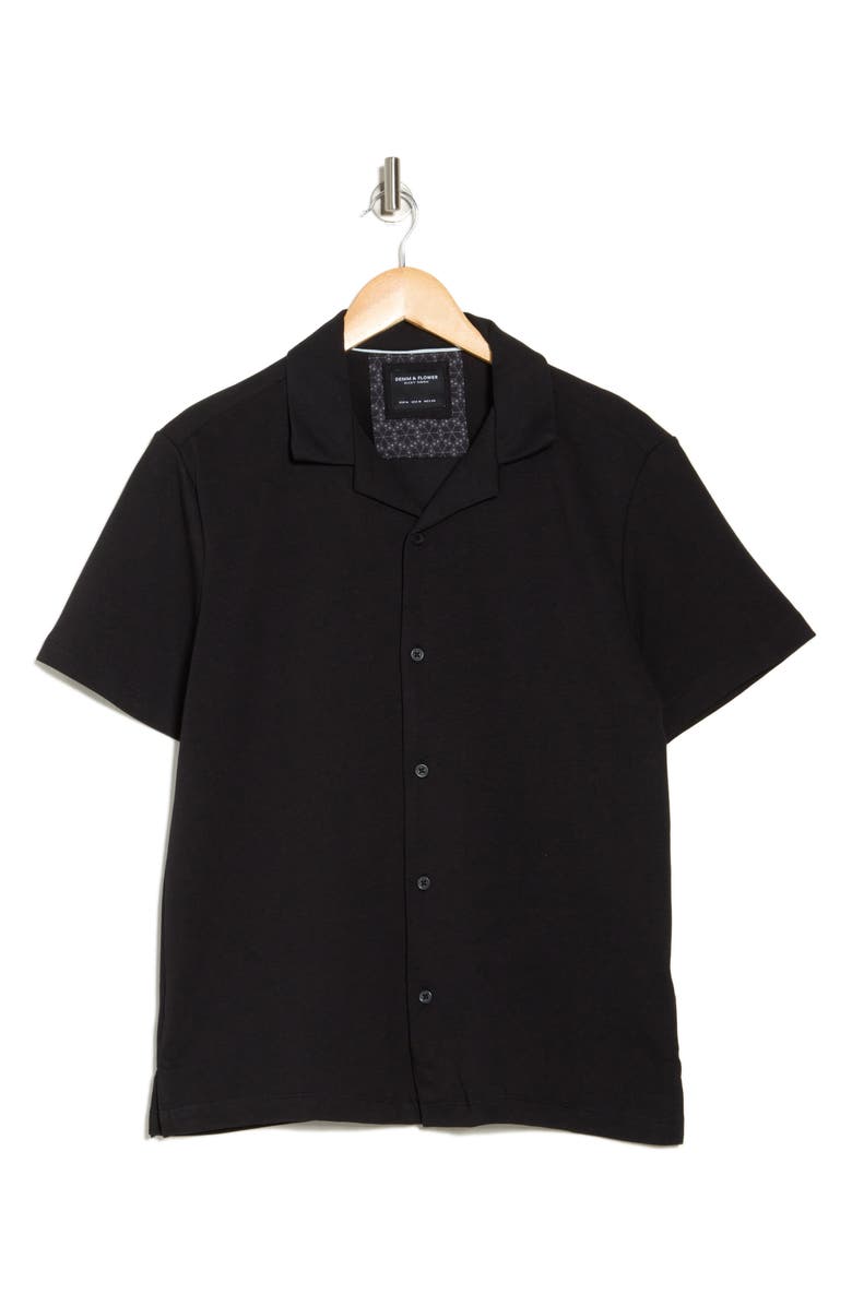 DENIM AND FLOWER Solid Black Knit Cotton Blend Camp Shirt, Alternate, color, Black
