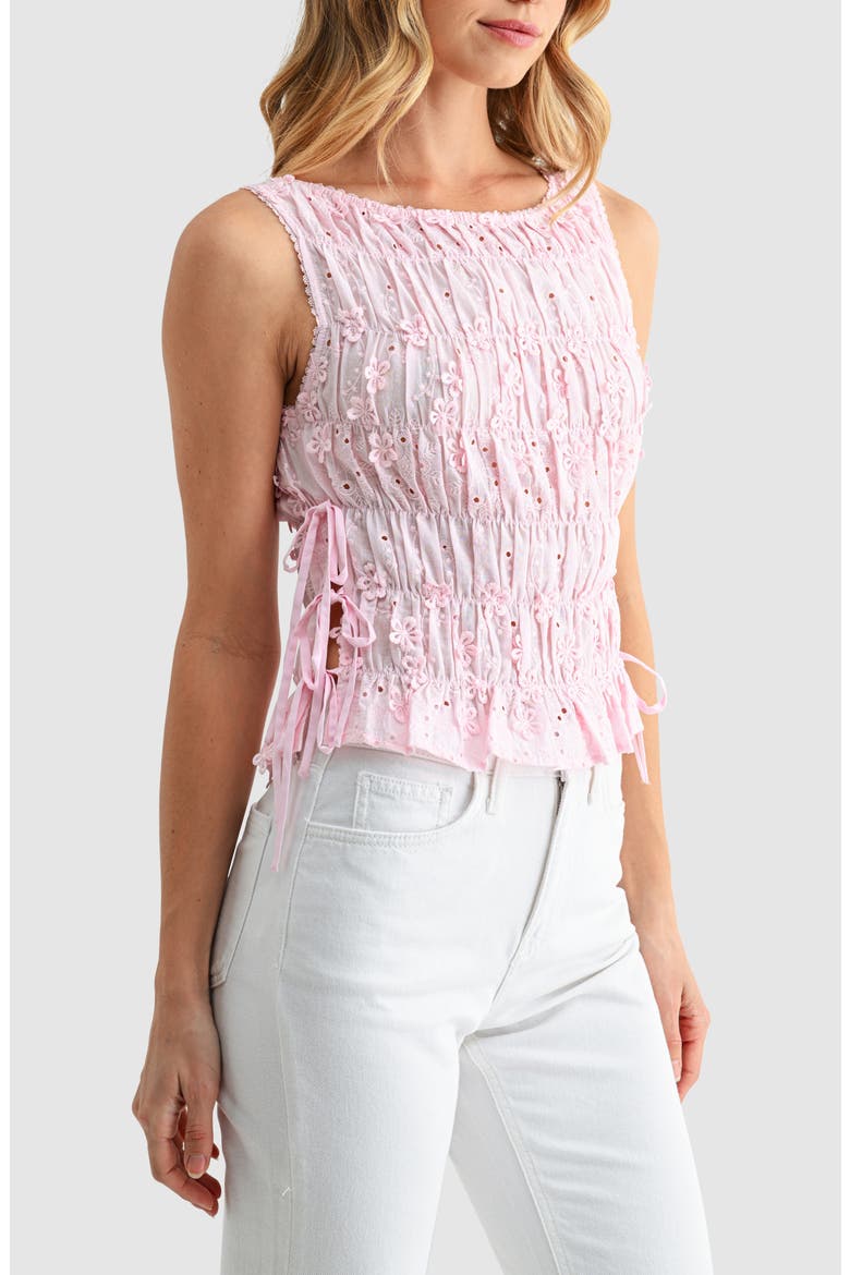 Embroidered Eyelet Smocked Sleeveless Top, Alternate, color, PINK