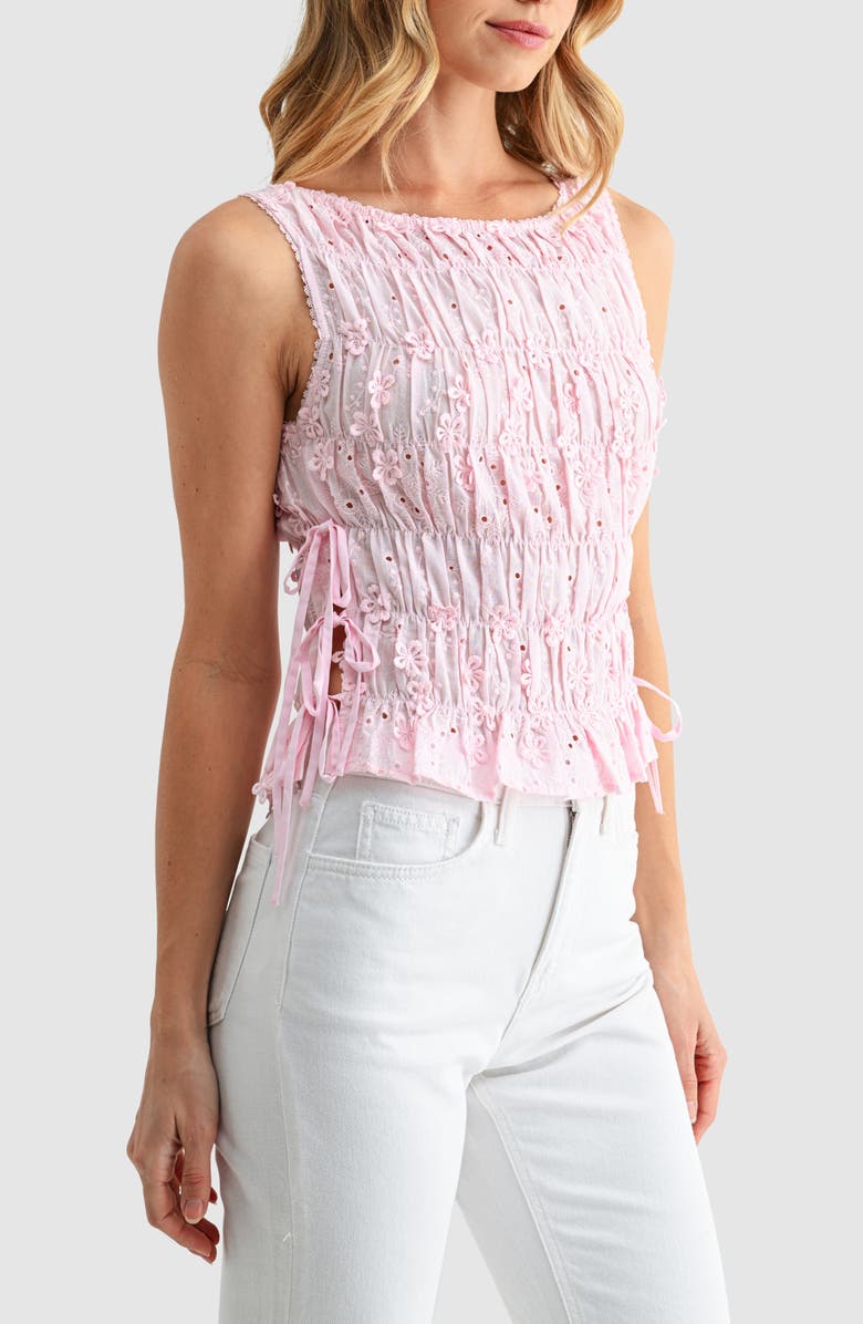All in Favor Embroidered Eyelet Smocked Sleeveless Top, Alternate, color, Pink