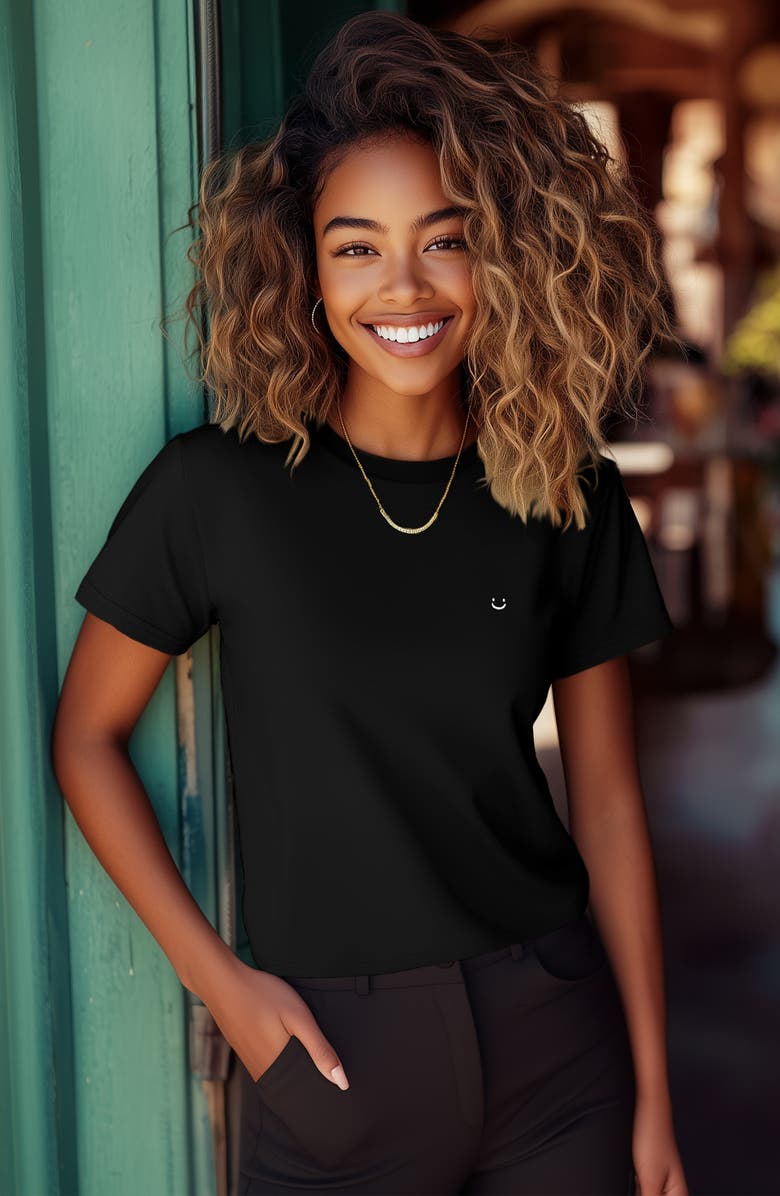 Dalix Womens Lil Smile Jersey Relaxed Tee, Alternate, color, Black