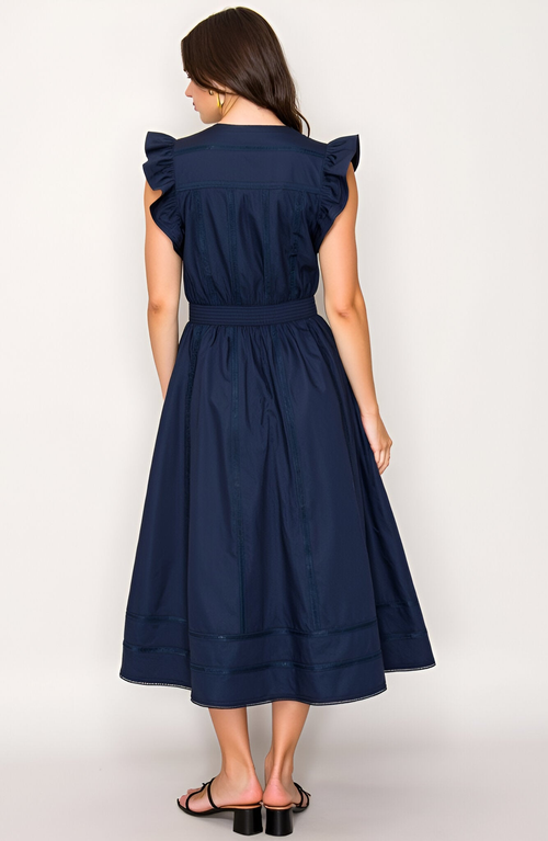 Modenaire Flutter Sleeve Midi Dress With Deep V-neckline And Tiered Skirt In Blue