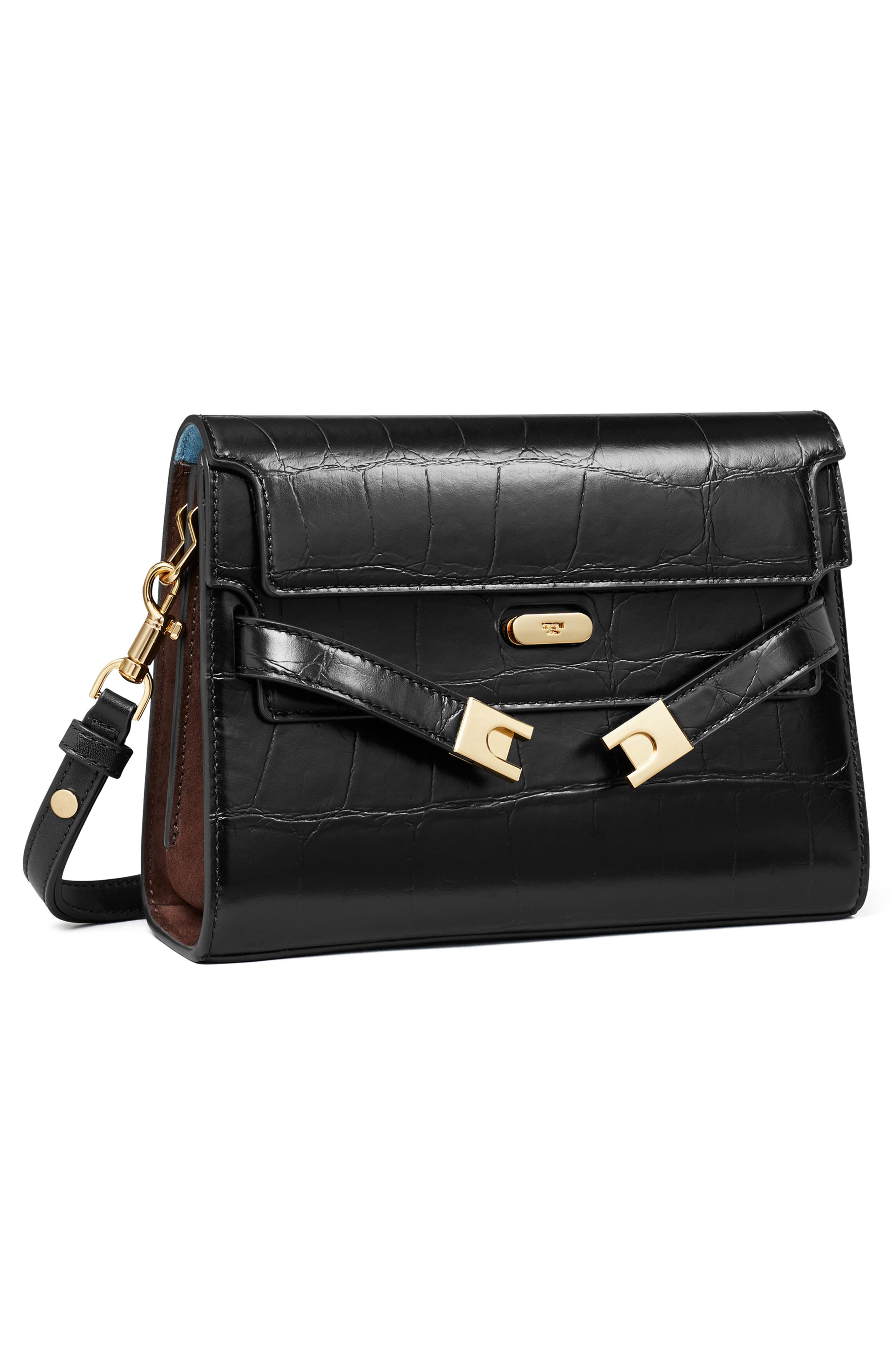 Lee Radziwill Croc Embossed Leather Shoulder Bag, Alternate, color, BLACK