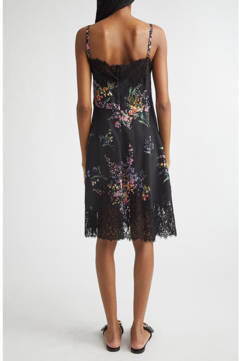 Floral Bouquet Print Lace Trim Habutai Silk Minidress, Alternate, color, MAZZI FIORI FDO.NERO