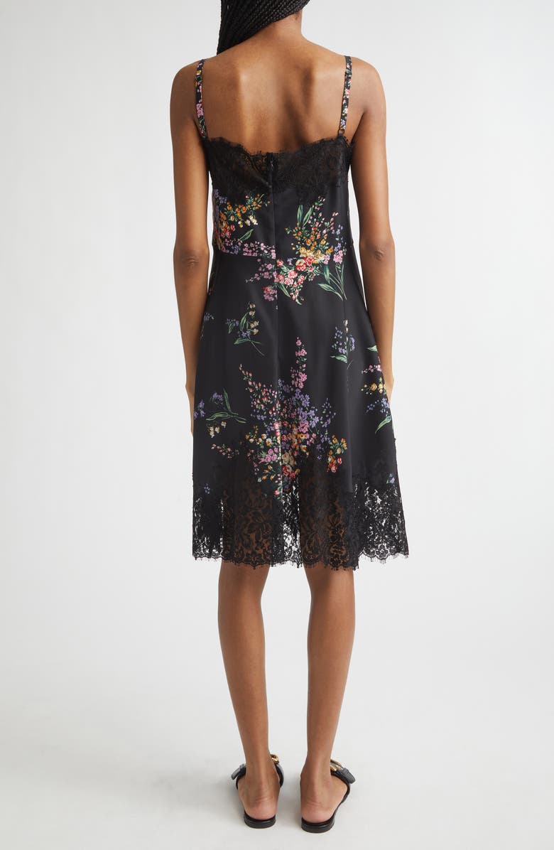 Dolce&Gabbana Floral Bouquet Print Lace Trim Habutai Silk Minidress, Alternate, color, Mazzi Fiori Fdo.nero