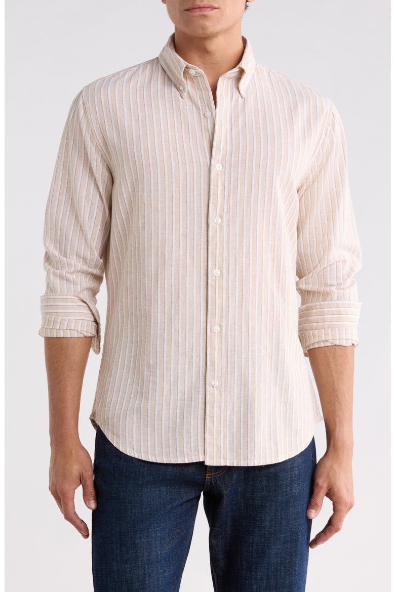 Everyday Slim Fit Cotton & Linen Long Sleeve Button-Down Shirt, Main, color, CREAM/ WHITE STRIPE