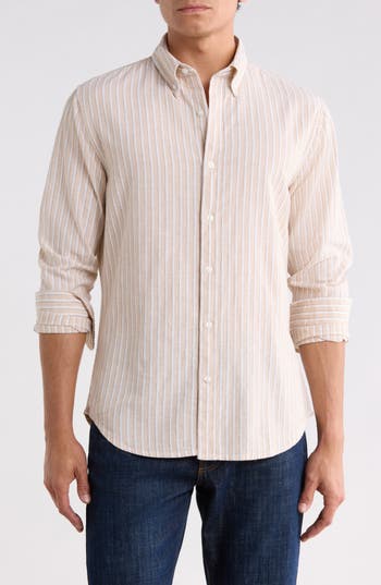 Bonobos Everyday Slim Fit Cotton & Linen Long Sleeve Button-Down Shirt in Cream/White Stripe at Nordstrom Rack, Size X-Large