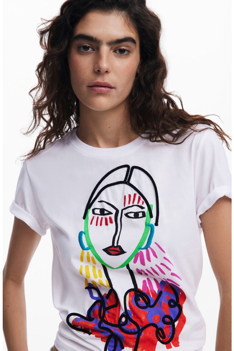 Embroidered Face Graphic T-Shirt, Alternate, color, WHITE