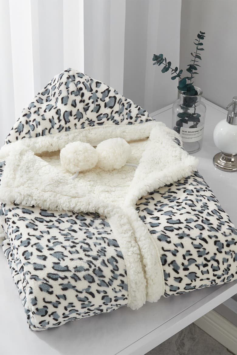 Chanda Leopard Print Snuggle Hoodie Blanket - Grey, Main, color, GREY