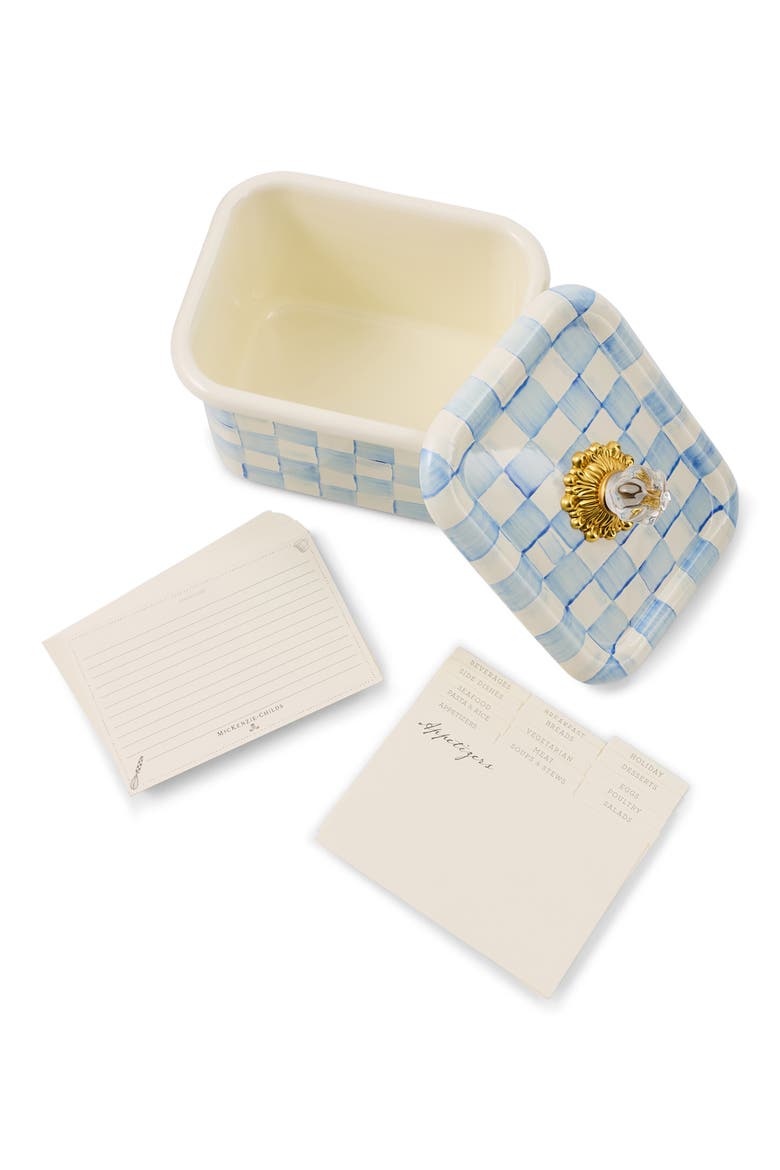 Emerald Check Enameled Steel Recipe Box, Alternate, color, BLUE