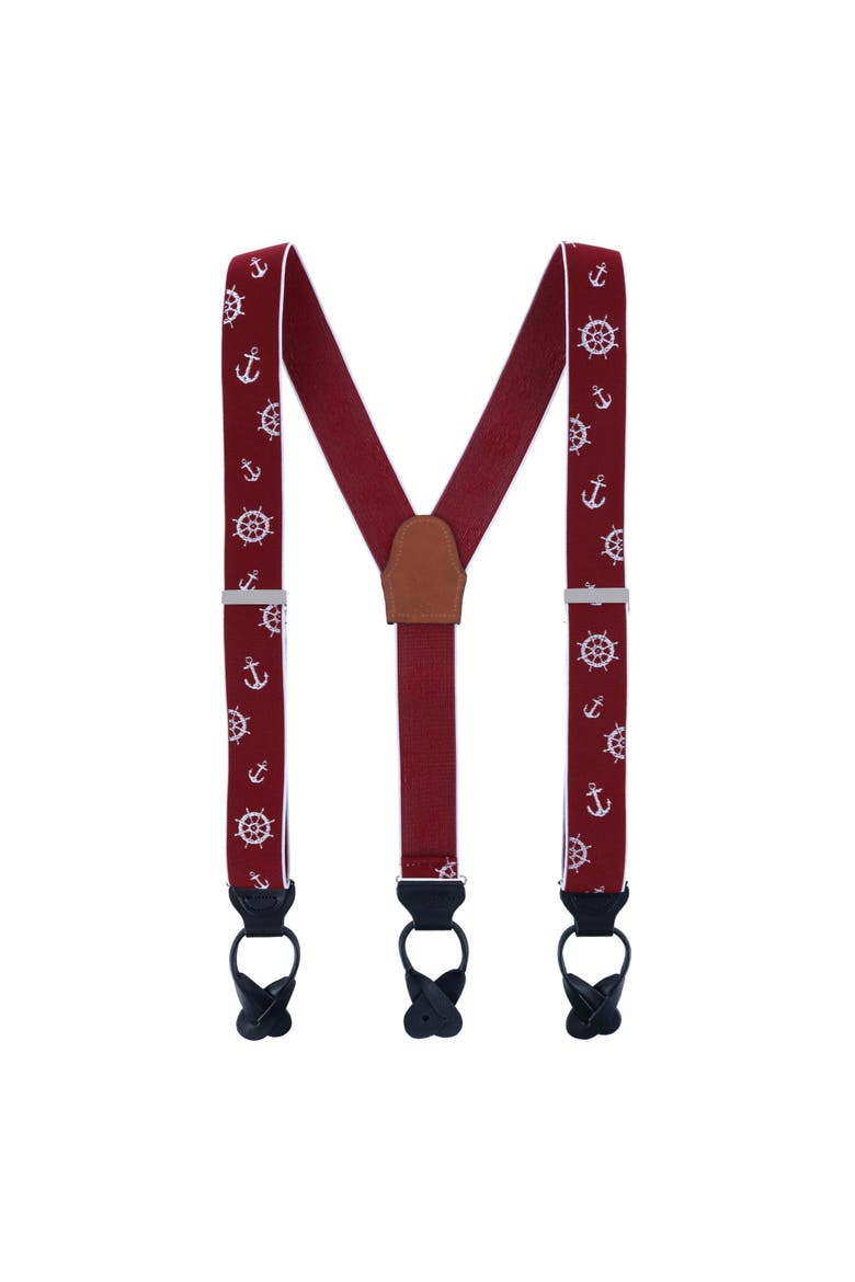 Ahoy Nautical Themed Elastic Button End Suspenders, Alternate, color, Burgundy