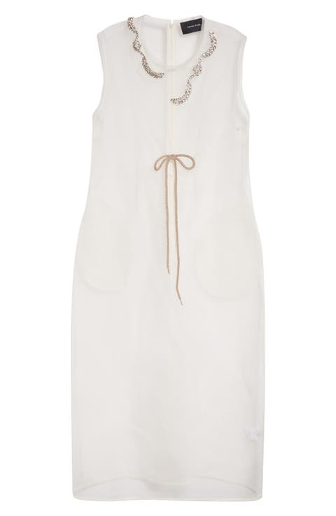 Crystal Embellished Frayed Silk Organza Column Dress