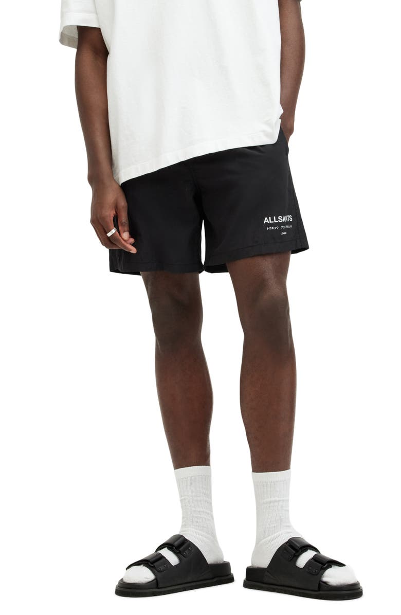 AllSaints Underground Logo Print Swim Trunks, Main, color, Jet Black